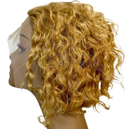 Honey Blonde Curly 13x4 Transparent Lace Front Pixie Wig