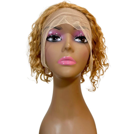 Honey Blonde Curly 13x4 Transparent Lace Front Pixie Wig