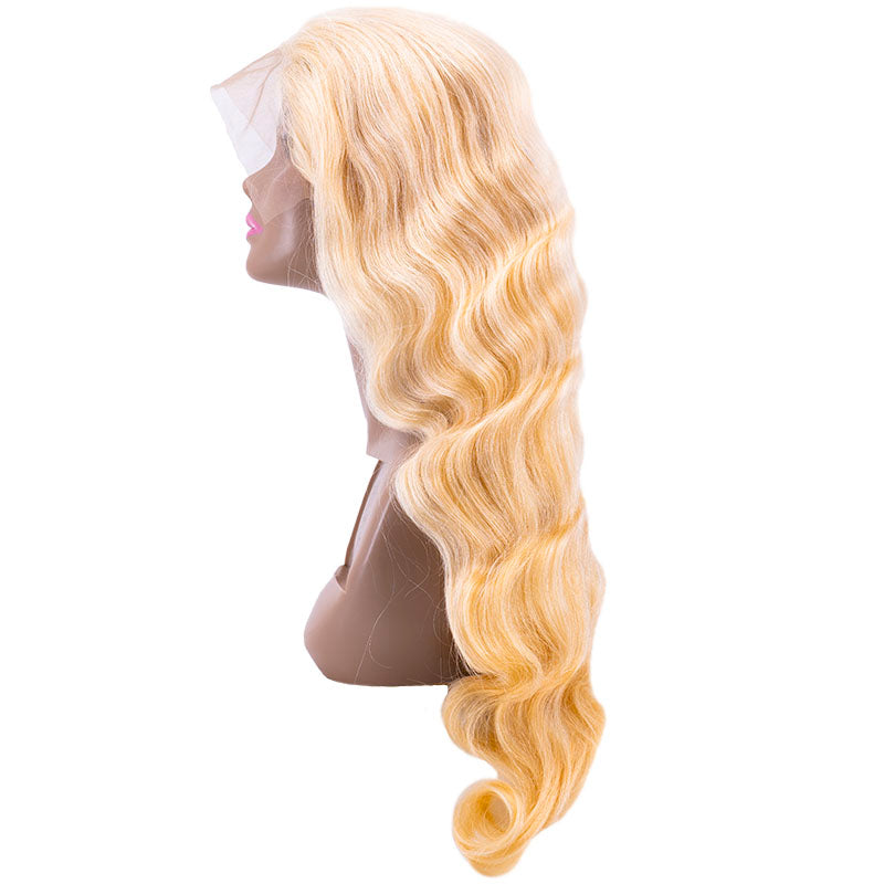 Side view of blonde body wave lace front wig 