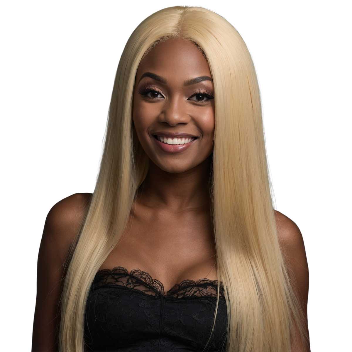 woman wearing blonde straight bundles