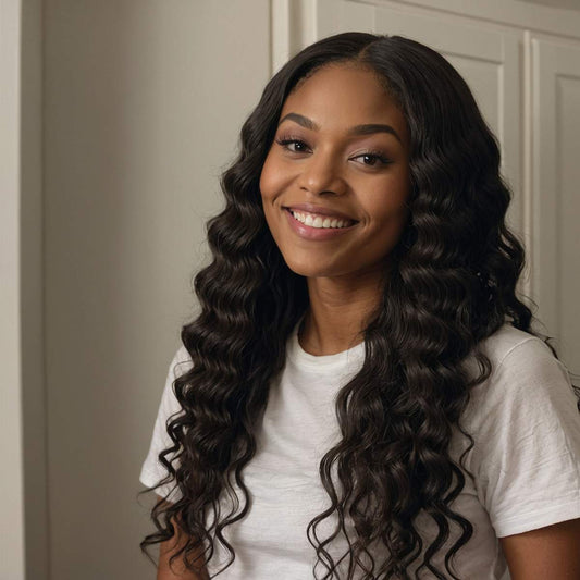 woman wearing deep wave bundles