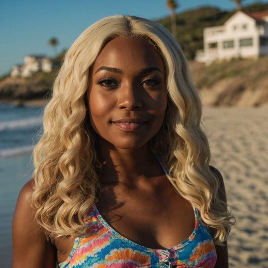 model wearing blonde body wave bundle deal